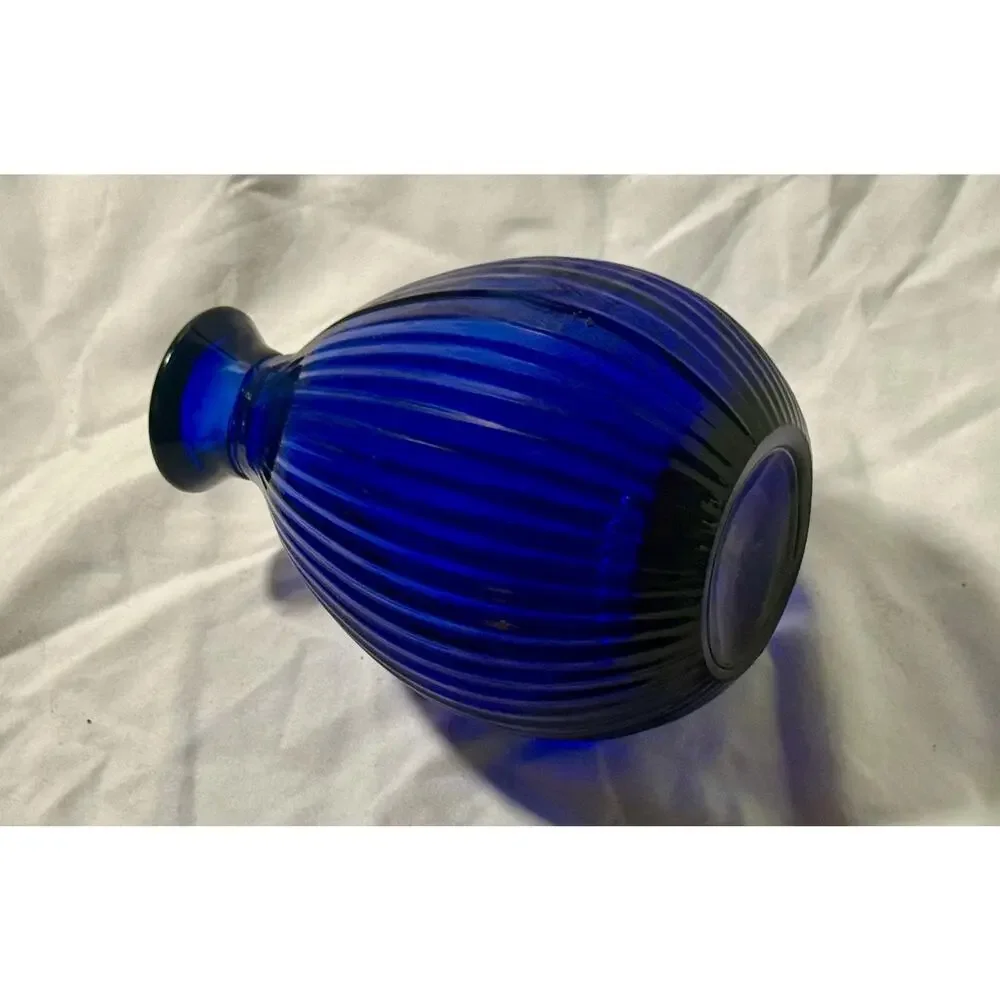 Vintage Cobalt Blue Ribbed Glass Vase | Gold Rim Art Deco Globe